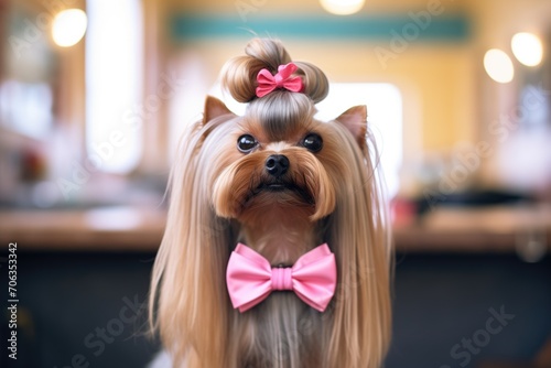 yorkshire terrier getting a bow tied after grooming