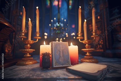grimoire surrounded by lit pillar candles in the night