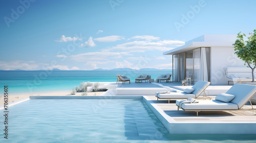 Luxury modern white beach hotel with swimming pool and sea view. Sunbed on sundeck for vacation home or hotel