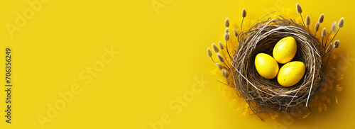 Closeup of a group three yellow Easter eggs in a bird nest against a yellow and orange background with copy space. Template for a Easter greeting card. Generative Ai.