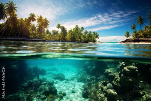 Photo of a tropical paradise with crystal-clear waters. Generative AI
