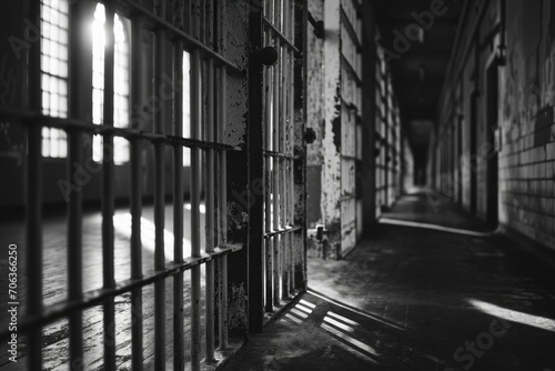 A black and white photo of a jail cell. Can be used to depict incarceration or the criminal justice system