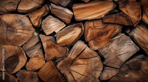 Closeup of wood, woodpile with trunks or logs, brown dry timber as natural background texture