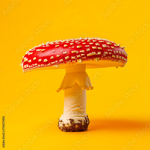 Close up of Amanita Muscaria Mushrooms isolated on yellow background. Red poison mushroom. Minimal concept.