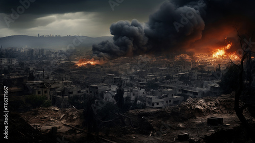 Israeli City covered by dark smoke, AI Generative.