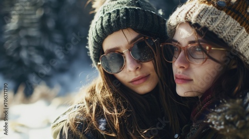 Two young women wearing winter hats and sunglasses. Suitable for fashion or winter-themed designs