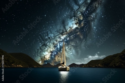 A yacht sailing under the starry night sky. Generative AI