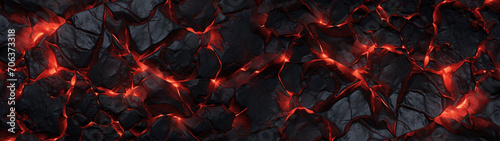 Broken stone wall or burning wood with red glowing elements like flame or fire behind, abstract background texture banner