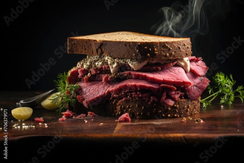 A pastrami sandwich on rye bread garnished with mustard and fresh herbs presented on a wooden surface