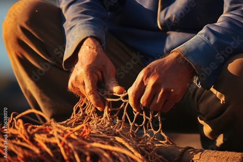 An elderly fisherman expertly mending a fishing net with his weathered hands.