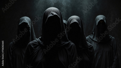 Group of mystery people in black clothes with hood symbolize the anonymity. AI generated