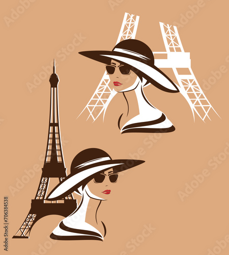 beautiful elegant parisian woman wearing sunglasses and wide brimmed hat with eiffel tower outline - glamorous fashionista travel in Paris vector design set