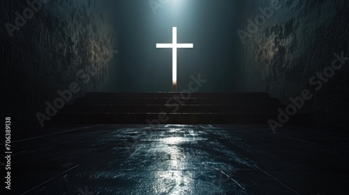 A cross in the middle of a dark room. Suitable for religious themes and spiritual concepts