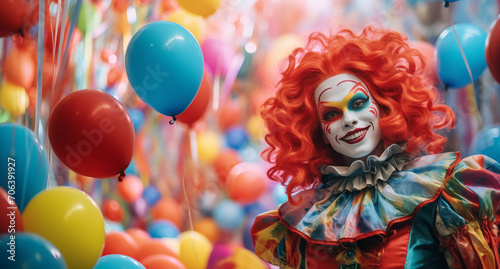 a man dressed as a clown with balloons at a festival
