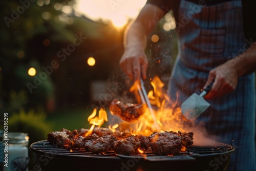 A person is cooking meat on a grill. This image can be used to showcase outdoor cooking or grilling activities