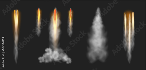 Smoky trail and fire burst effect from launching rocket. Vector isolated taking off spacecraft or spaceship, vapor or missile light. Meteor or comet trace in sky. Gas or fume from jet or shuttle