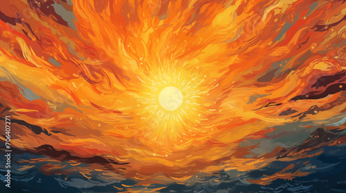 Hand drawn beautiful illustration of the burning sun in the sky 