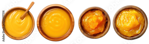mango jam on wooden bowl top view set