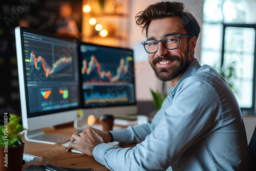 Financial analyst or traders working on computer ,with real-time stocks and exchange market charts