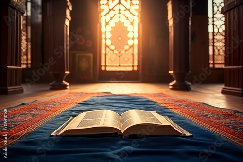 open religious book in the mosque at dawn, ramadan background