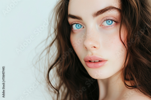 Beauty portrait of a young attractive brunette woman with natural makeup on a white background