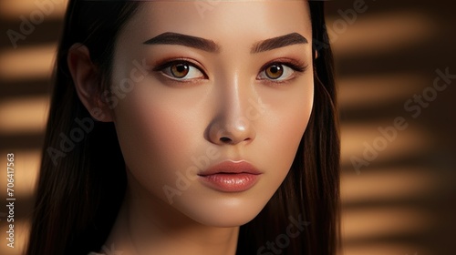 Asian model with flawless porcelain skin, almond-shaped deep brown eyes, and long eyelashes