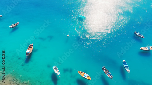 person snorkeling in the sea, Boats from air. Aerial view on sea in Turkey. Summer seascape with clear water in sunny day. Top view of boats from drone. Summer seascape from air, Ai generated image