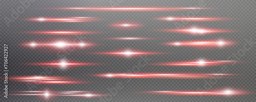 Set of realistic vector red stars png. Set of vector suns png. Red flares with highlights. Horizontal light lines, laser, flash.