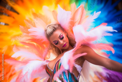 Energetic white woman carnival dancer. Colorful vibrant feather festival costume