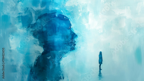 silhouette profile embedded in a textured blue canvas, suggesting introspection and the depths of the human psyche, alongside a solitary figure standing in the distance, self-reflection and solitude
