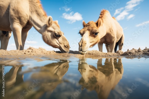 camels drinking from a scarce desert water hole
