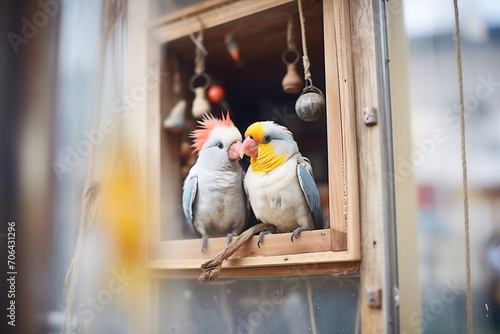 cockatiel couple inside a nesting box in aviary