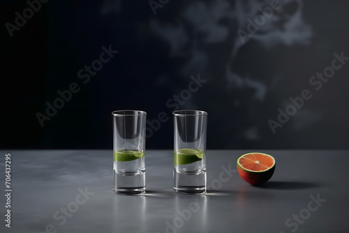 Shot glasses with tequila on bar counter. Neural network AI generated art
