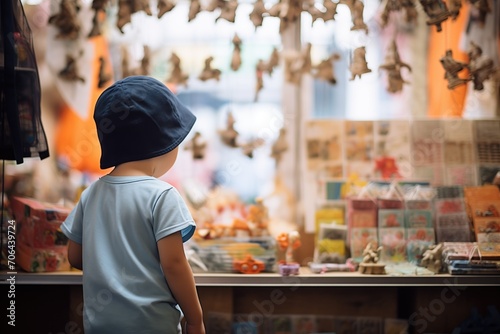 child looking at souvenirs in a local market