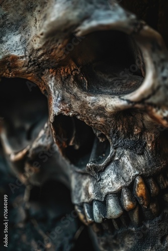 A close-up photograph of a skull placed on a table. This image can be used for educational purposes or in Halloween-themed designs