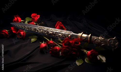 A dagger covered in red roses on a black background. Generative Ai