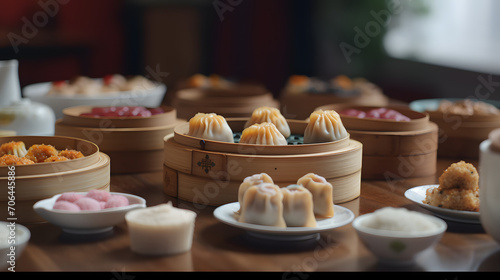 Prawn shrimp shaomai dim sum dumpling in bamboo steamer, Dim sum with shrimp on wooden plate on dark stone table macro close up