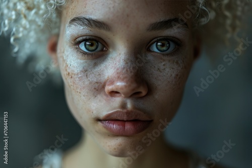 In this captivating portrait, the stunning albino African American woman exudes a unique beauty, celebrating diversity with her melanin-rich charm. Her individuality shines through