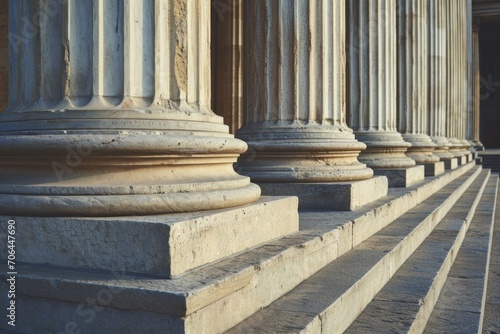 Stone pillars with columns in the background. Can be used as a backdrop for architectural designs or historical themes