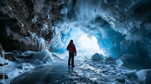 solo male traveller tourist wearing winter coat with standing at the opening of an ice cave travel concept