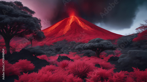 landscape shot of volcano garden and trees, captured using infrared photography, 8K resolution image, smooth and polished. bold red and black colors