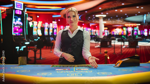 Professional Female Croupier in Casino Dealing Playing Cards on a Baccarat Table. Beautiful Dealer of a Live Online Casino Reveals Winning Results of the Card Game Bets, Looking at the Camera