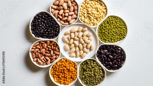 Various colorful legumes and cereals in black bowls background. 
