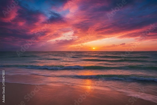 A serene sunset over the ocean and the sky with vibrant colors