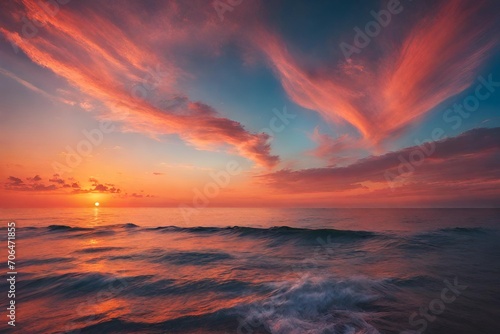 A serene sunset over the ocean and the sky with vibrant colors