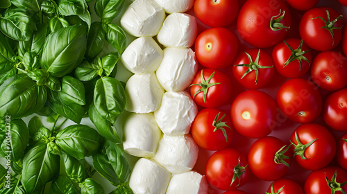 Abstract Italian flag made from green basil, white mozzarella, red tomatoes