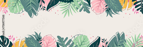 Abstract background banner made of botanical tropical palm leaves branches in the jungle in green and pink color tones. Design for banner poster decoration. Flat style. Vector illustration.