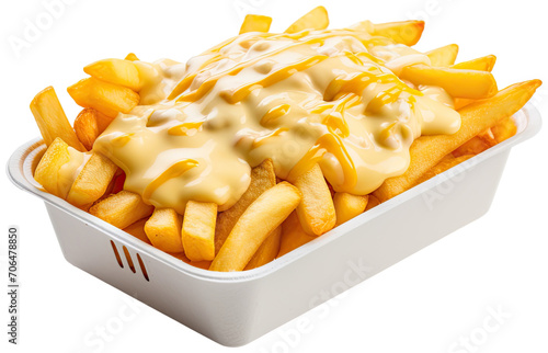 Fries potato in white foam box with melted cheese illustration PNG element cut out transparent isolated on white background ,PNG file ,artwork graphic design.