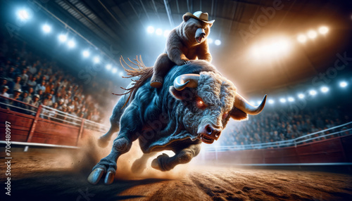stock market rodeo, a bear donning a cowboy hat struggling atop a ferocious bull captures the clash between bearish trends trying to rein in a bullish surge, encapsulating the unpredictable nature 