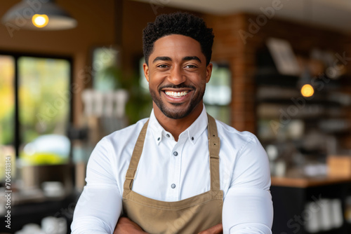 A cheerful young man with a welcoming smile stands proudly in his well-lit cafe, wearing a professional apron.